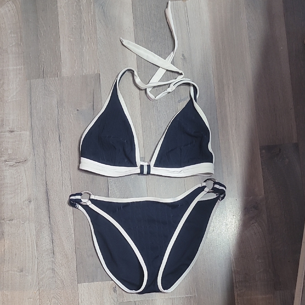Tommy Hilfiger Halter Blue & White Bikini Set Medium Top/Large Bottom Y2K 00'